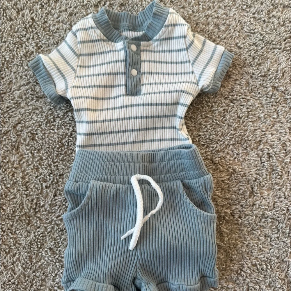 Blue Striped Ribbed Baby Short Set – 0–3 Months - Picture 2 of 7